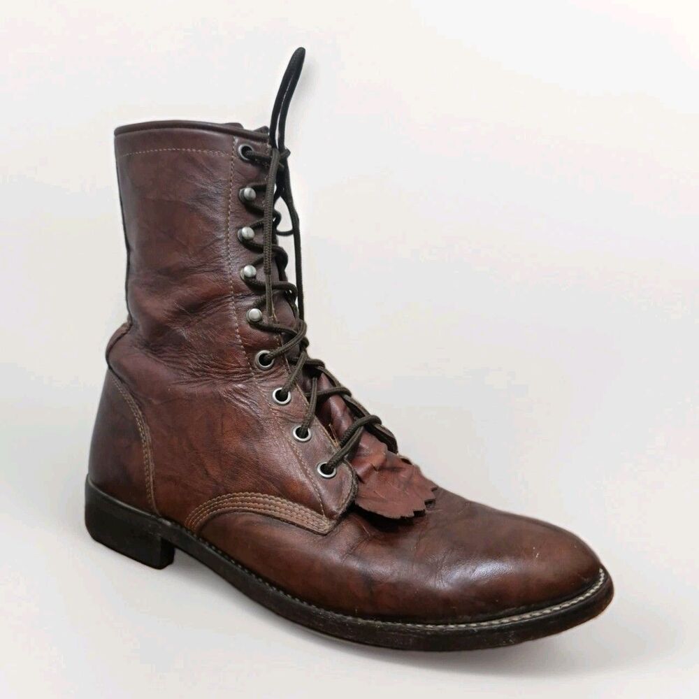 Vintage Justin L0563 Brown Leather Lacer Kiltie Roper Boots Women's Size 8B